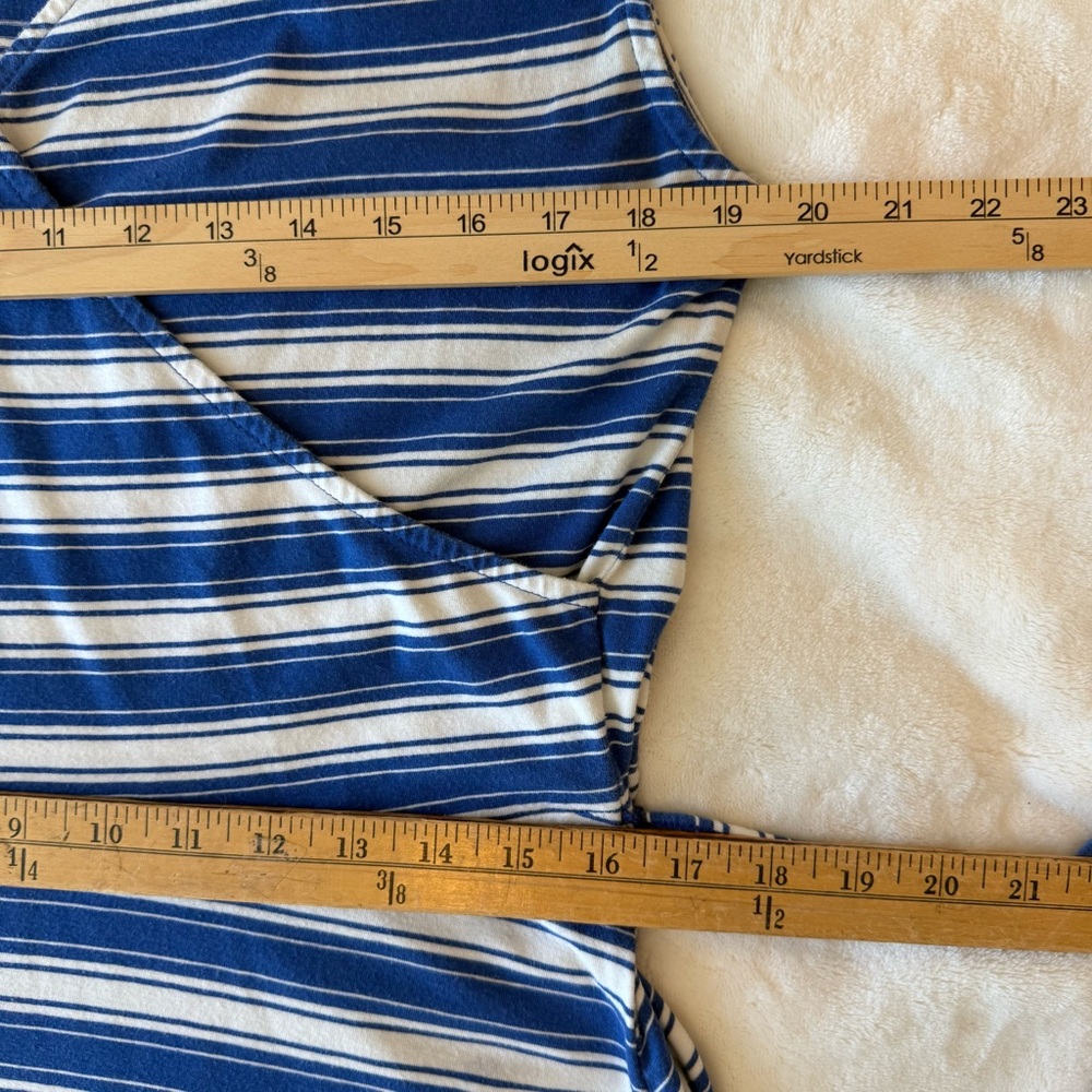 Talbots Blue & Cream Striped Faux Wrap Dress Size L Sleeveless Stretch Midi - Picture 9 of 11